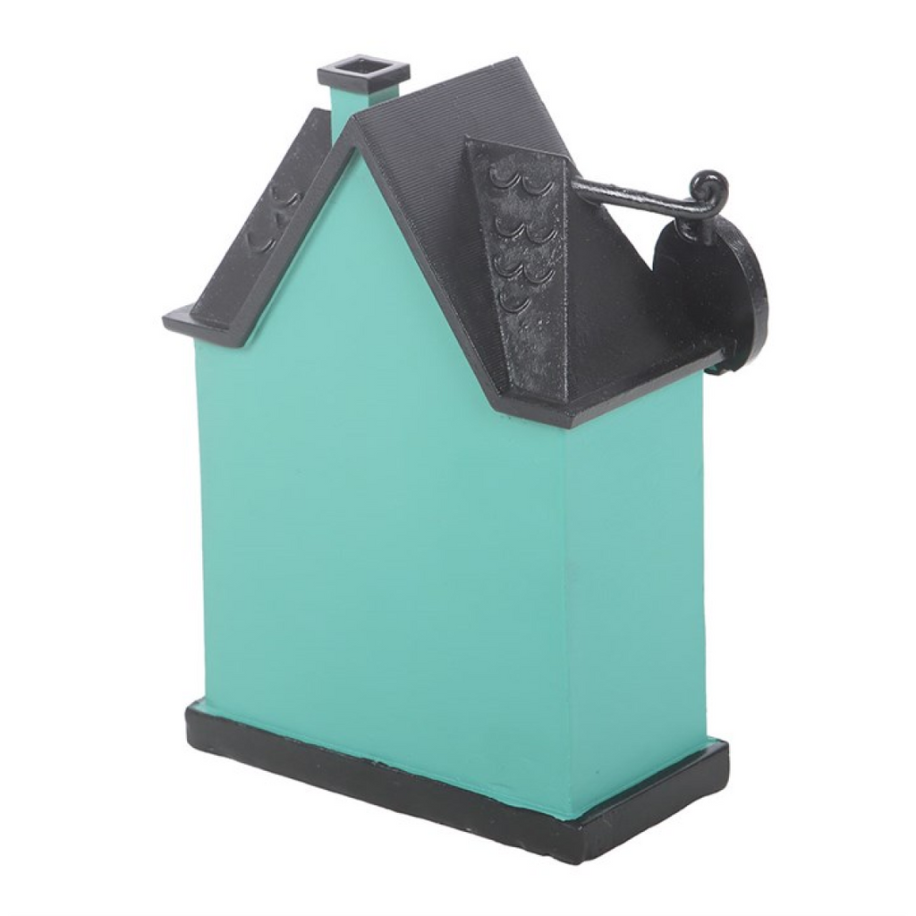 Teal birdhouse with black roof and trim on a white background