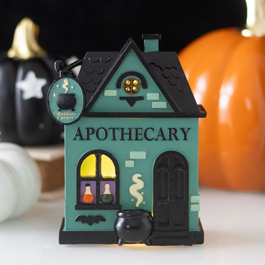 Halloween-themed apothecary house decoration with pumpkins in the background