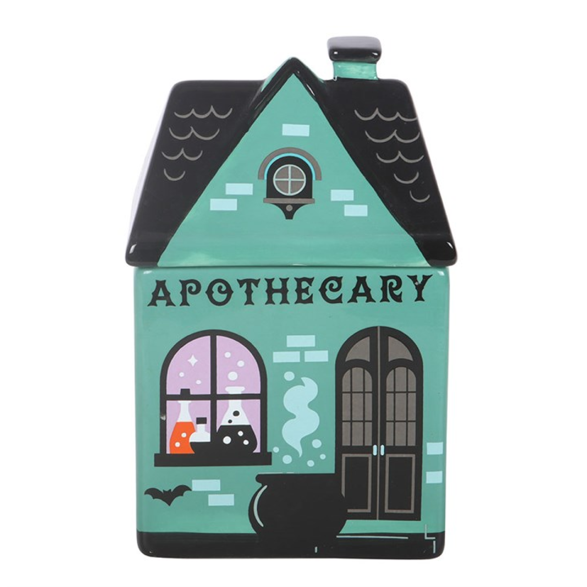 Decorative apothecary house-shaped container on a white background
