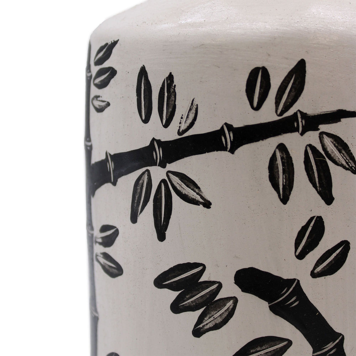 Cylindrical ceramic vase with black bamboo and leaf design on a white background