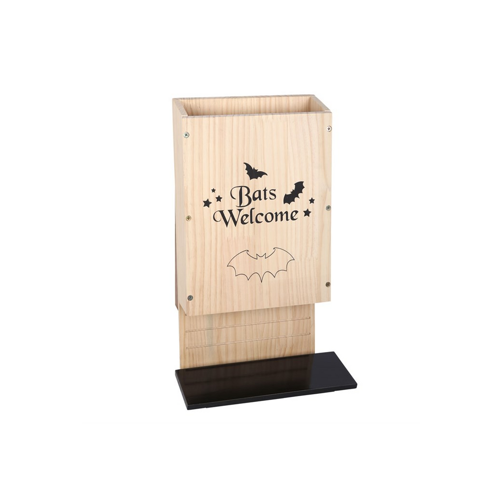 Wooden bat house with 'Bats Welcome' text and bat illustrations on a white background