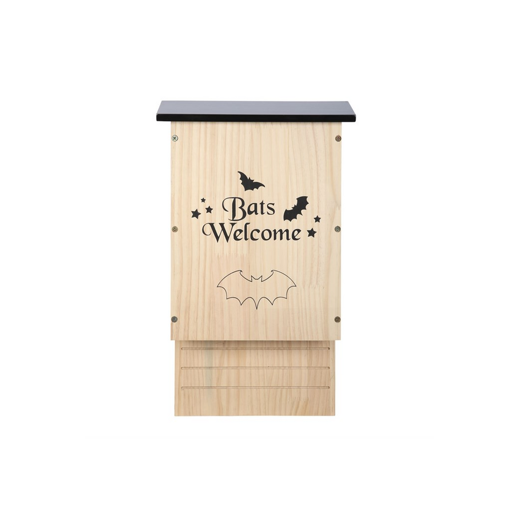 Wooden bat house with 'Bats Welcome' text and bat illustrations on a white background