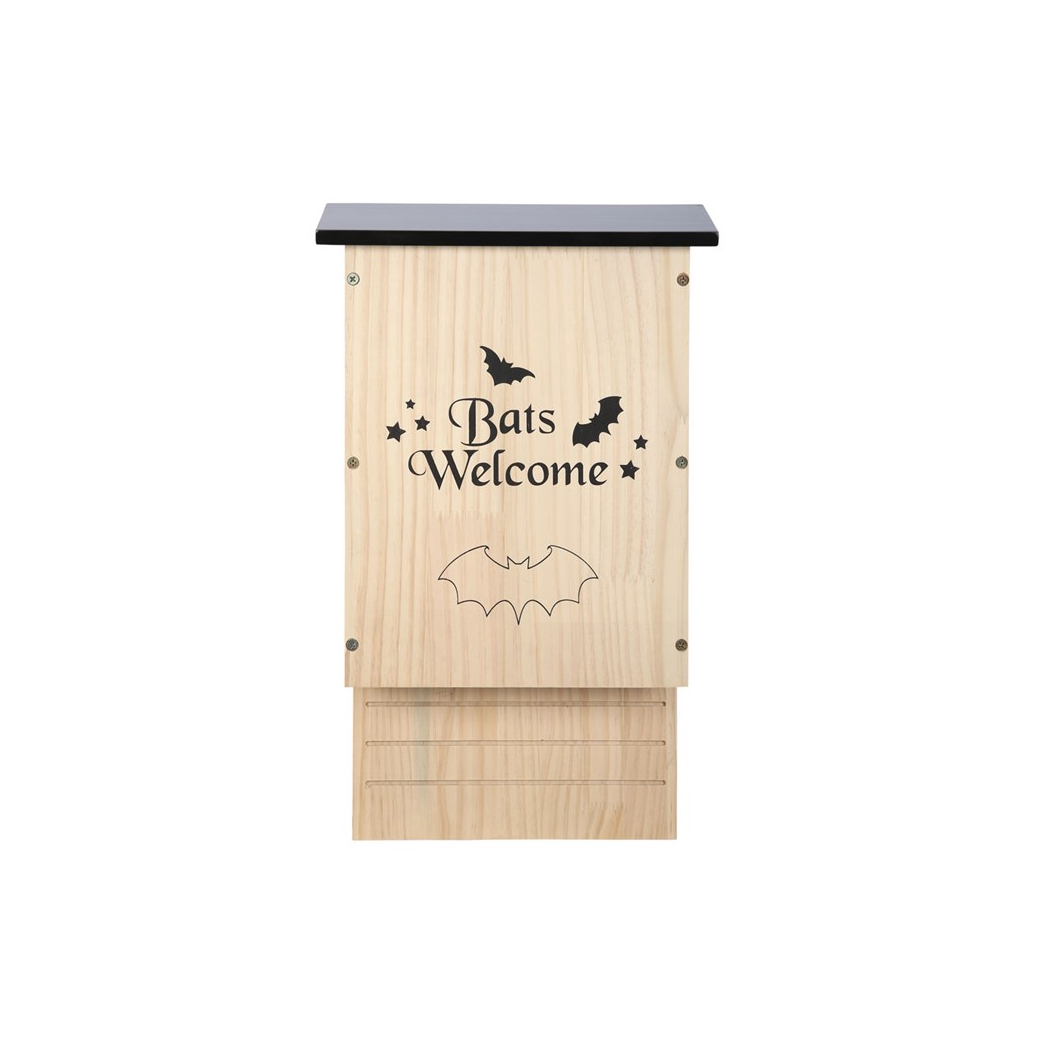 Wooden bat house with 'Bats Welcome' text and bat illustrations on a white background