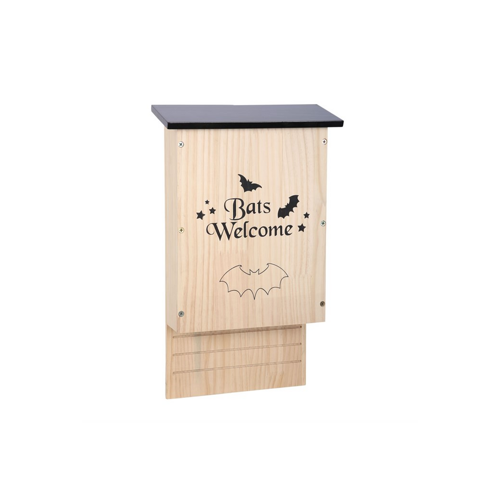 Wooden bat house with 'Bats Welcome' text and bat illustrations on a white background