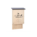 Wooden bat house with 'Bats Welcome' text and bat illustrations on a white background