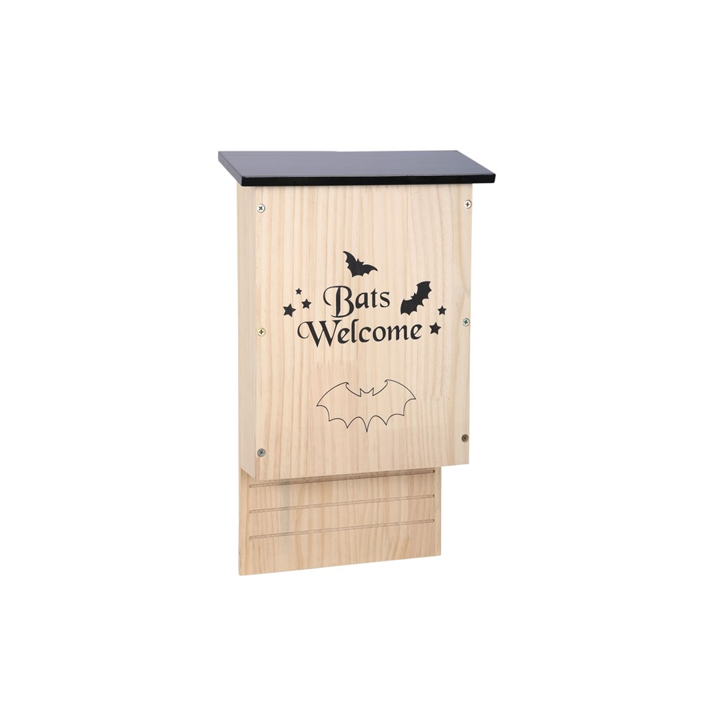Wooden bat house with 'Bats Welcome' text and bat illustrations on a white background