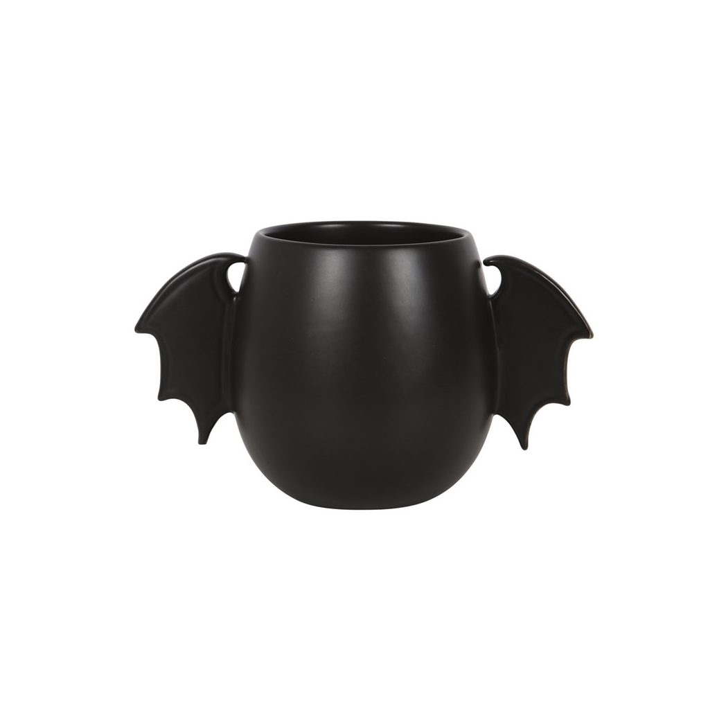 Black ceramic vase with bat wings on a white background