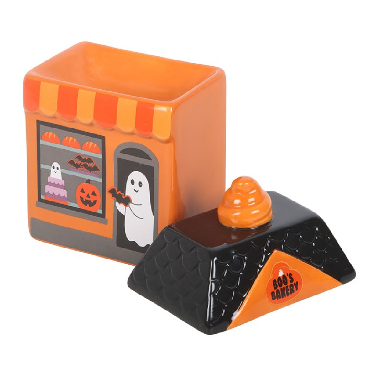 Halloween-themed pencil holder with ghost and pumpkin design on a white background