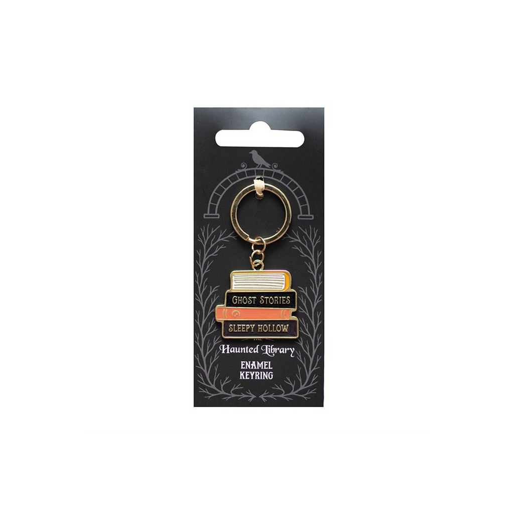 Keychain on a black card with text and design elements