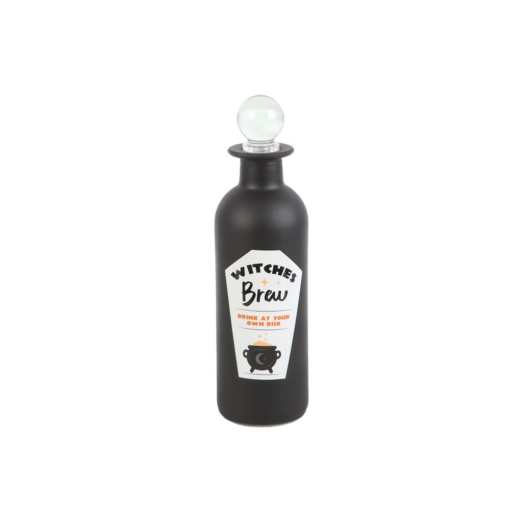 Black bottle labeled 'Witches' Brew' with a light bulb on a white background
