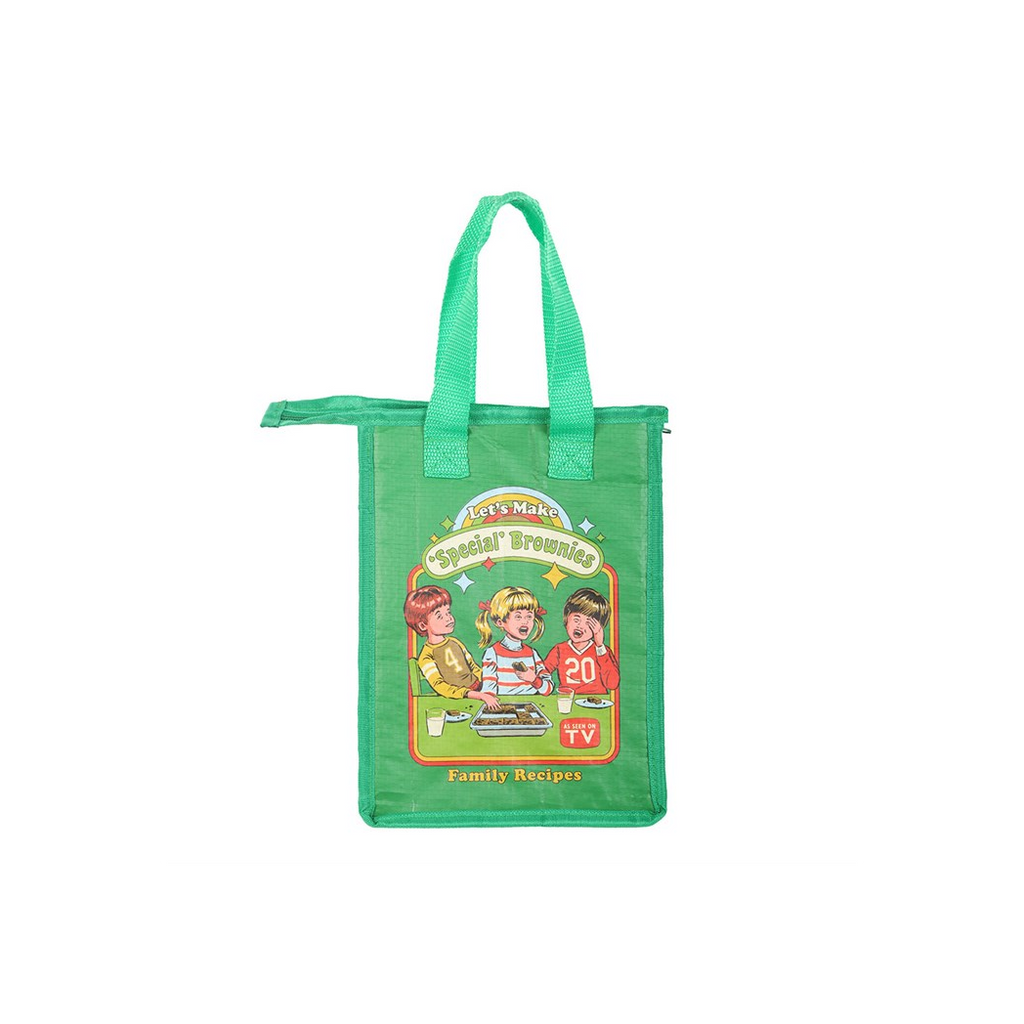 Green tote bag with cartoon characters and text on a white background