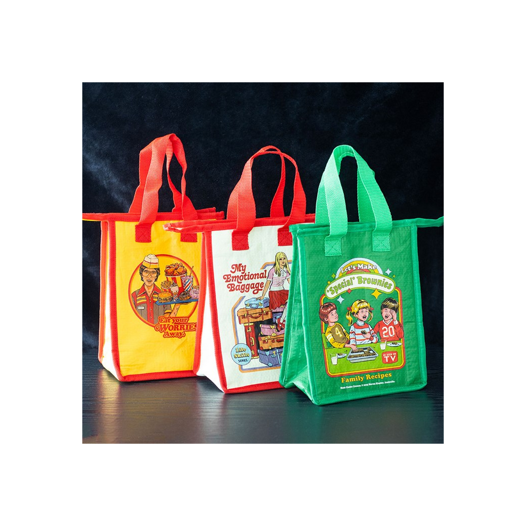 Three colorful tote bags with cartoon characters and text on a dark background