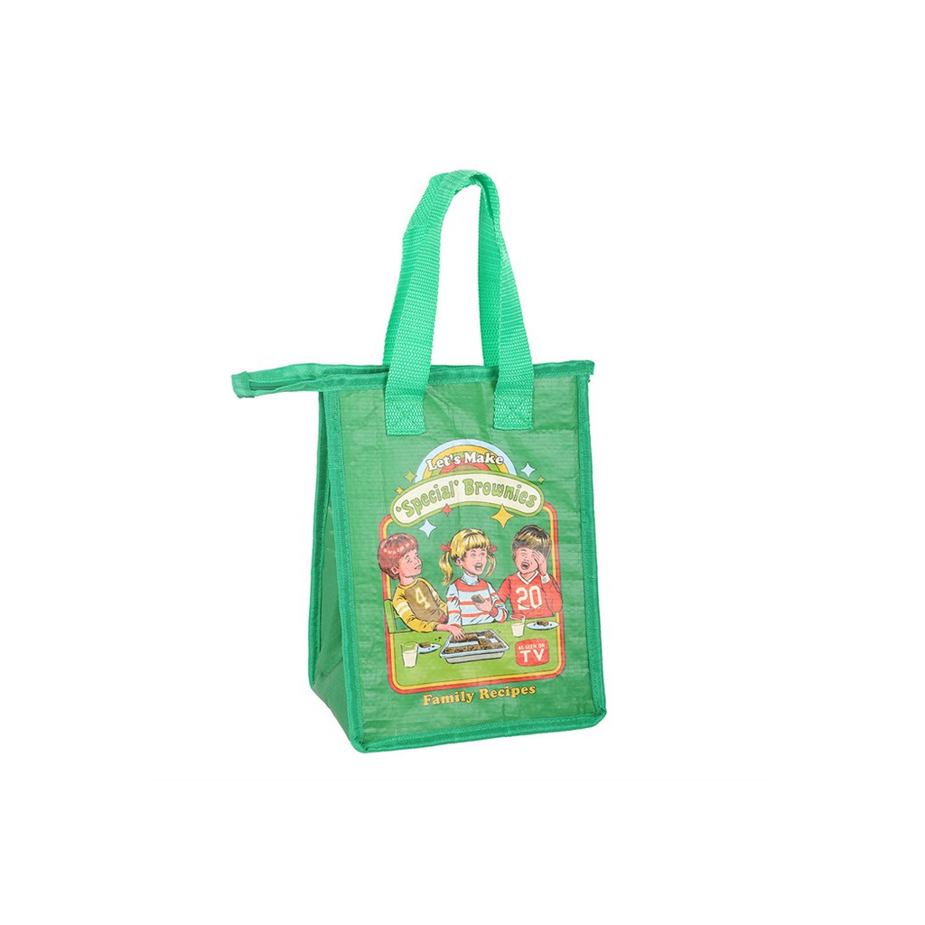 Green tote bag with a colorful label featuring characters and text on a white background