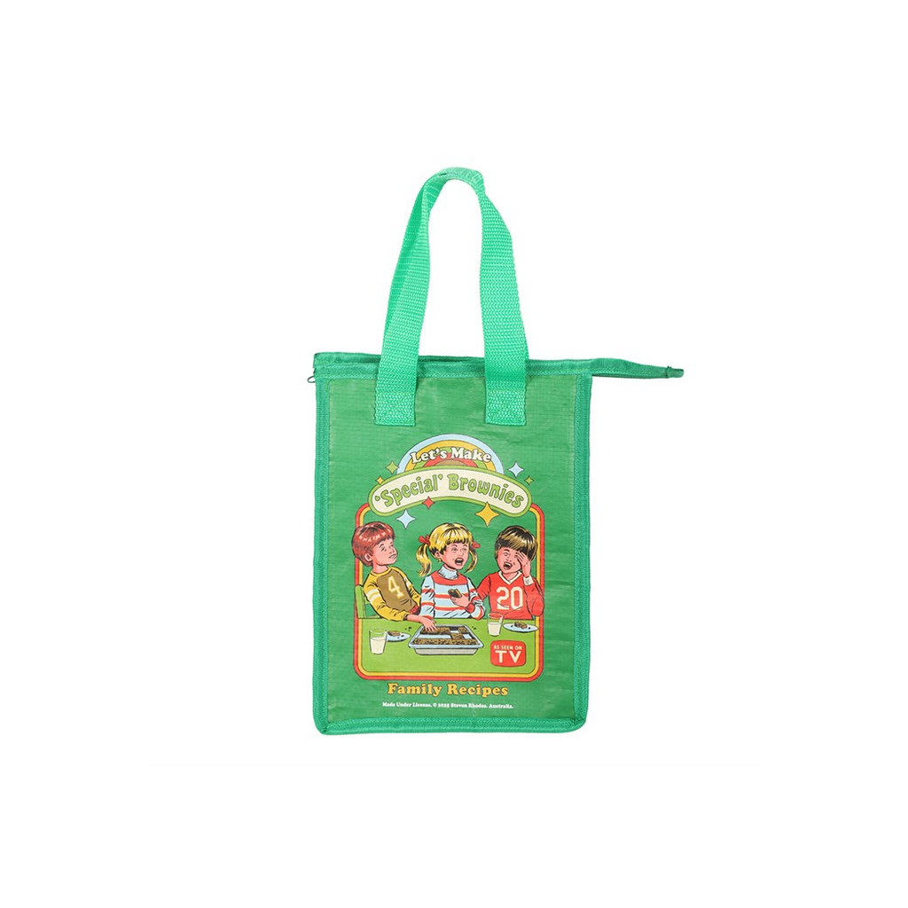 Green tote bag with a cartoon design on a white background