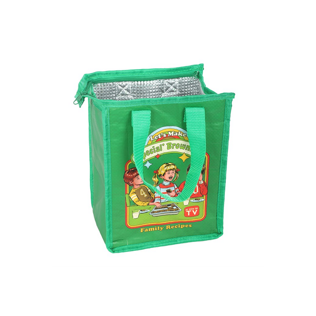 Green insulated lunch bag with cartoon character and text on a white background