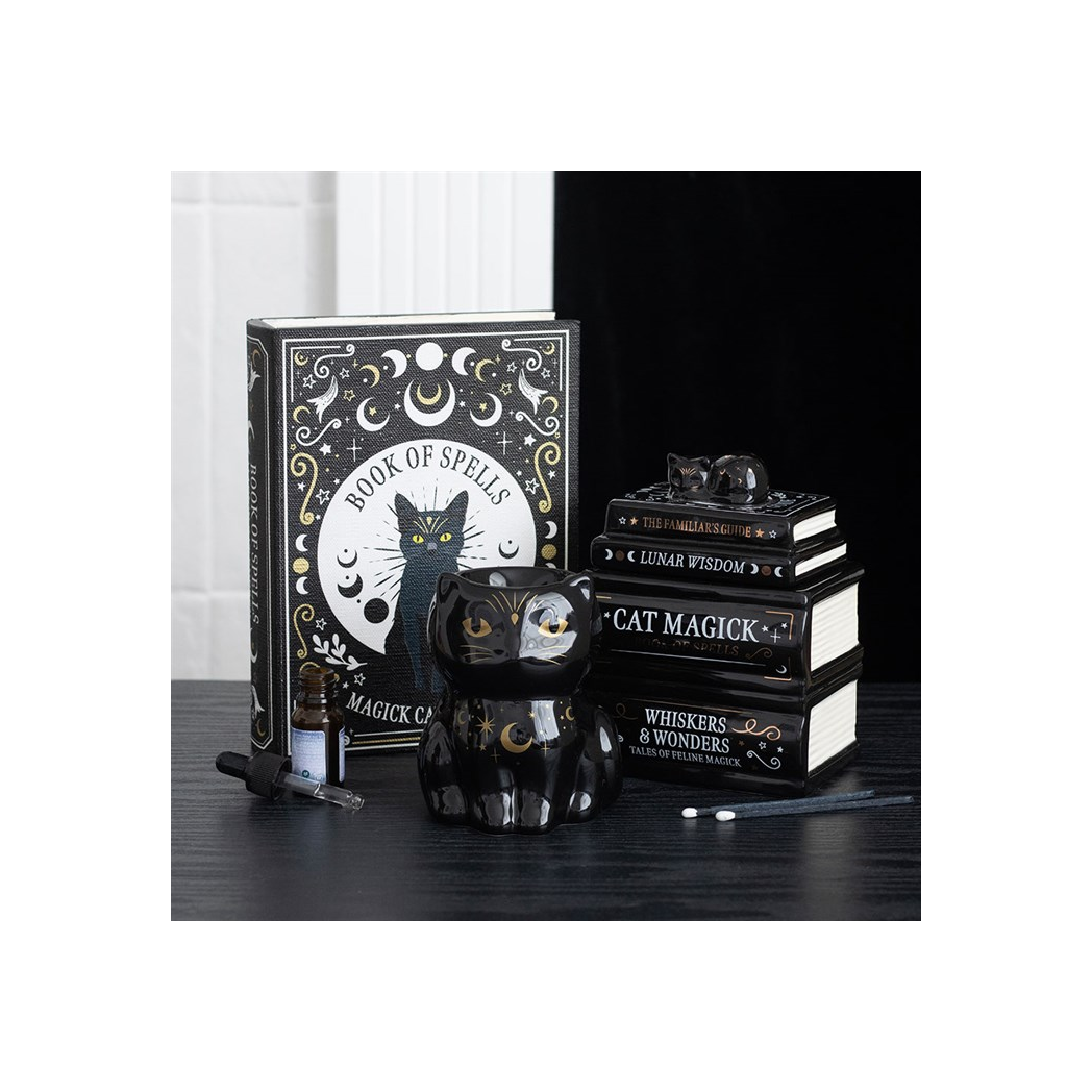 Decorative books with cat-themed covers on a dark surface
