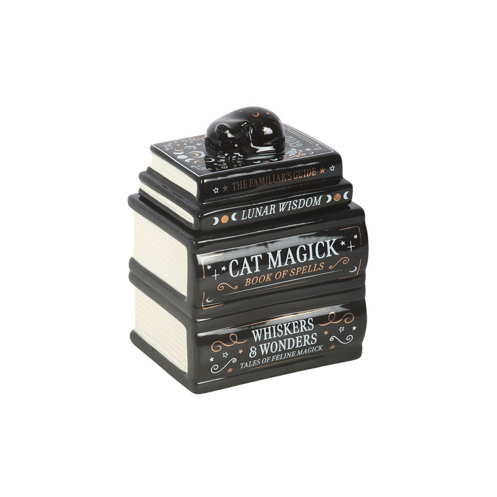 Decorative book-shaped container with cat-themed text on a white background