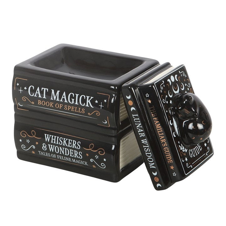 Black container with cat-themed text and design on a white background