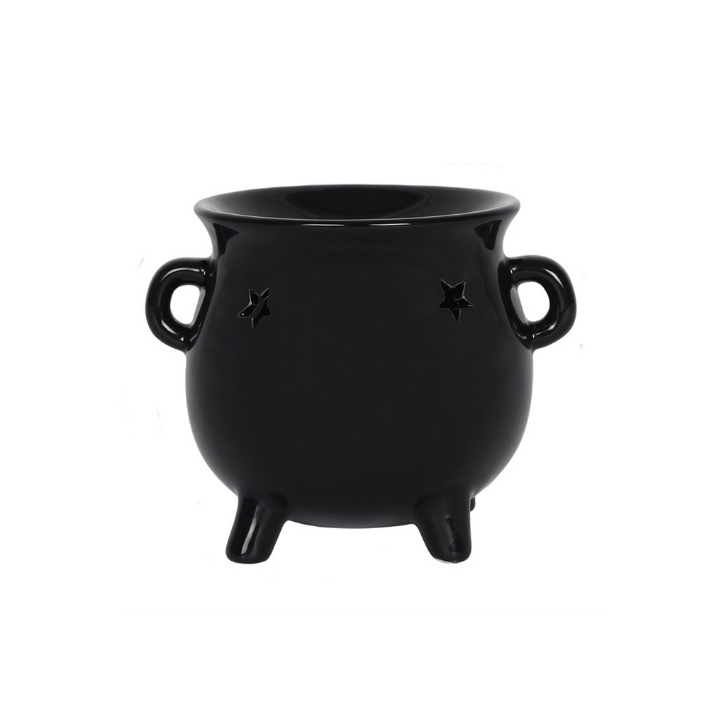 Black cauldron-shaped pot with star designs on a white background