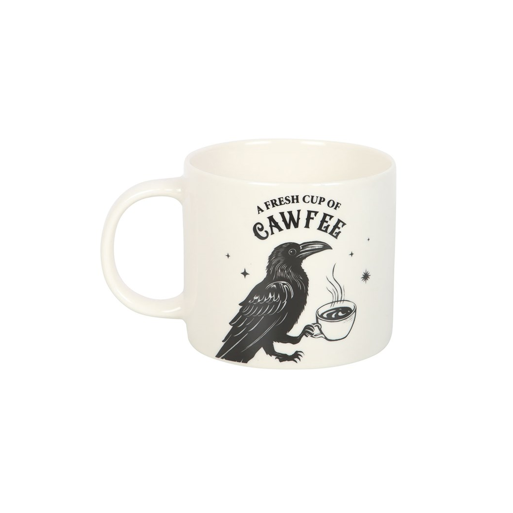 Mug with a crow holding a coffee cup and text 'A Fresh Cup of Cawfee' on a white background