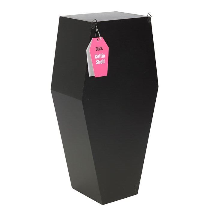 Black coffin shelf with a pink tag on a white background
