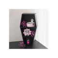 Black hexagonal shelf with decorative items including a skull and pink flower design.