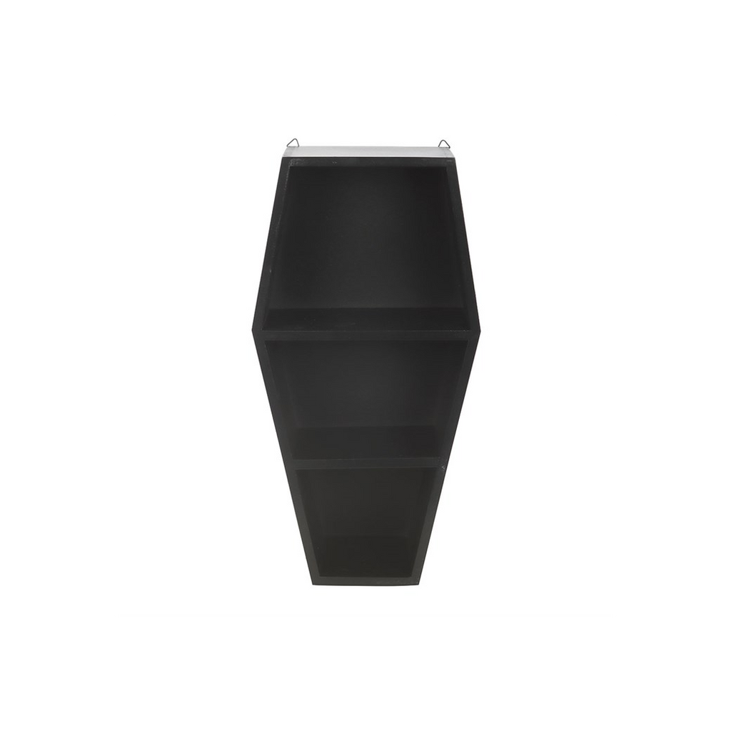 A black coffin-shaped wall shelf with two open shelves, shown from a top-down perspective against a plain white background.