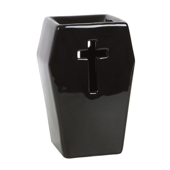 Black coffin-shaped vase with a cross design on a white background