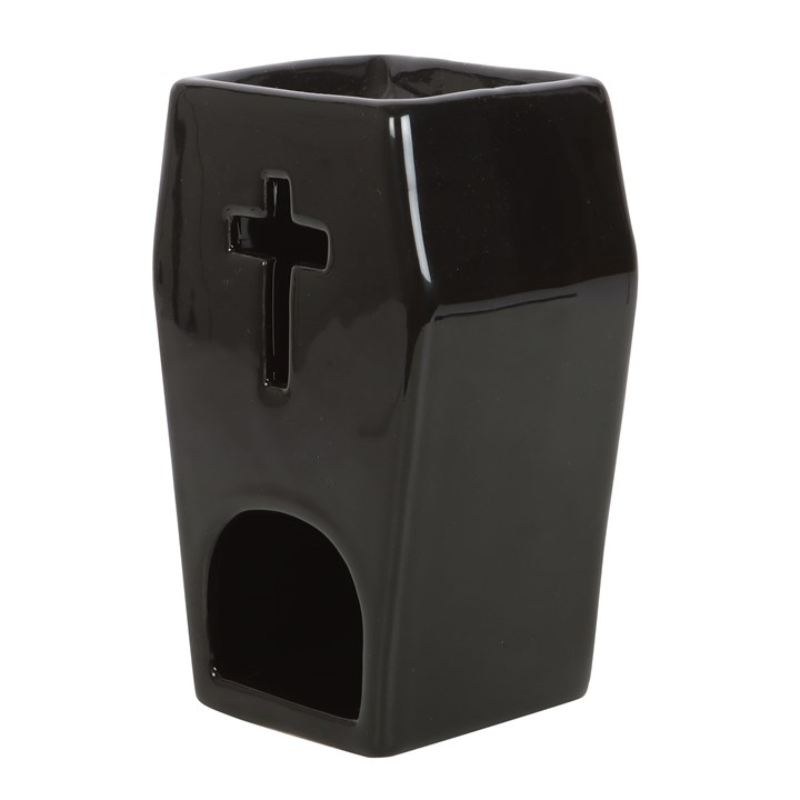 Black ceramic oil burner with a cross design on a white background