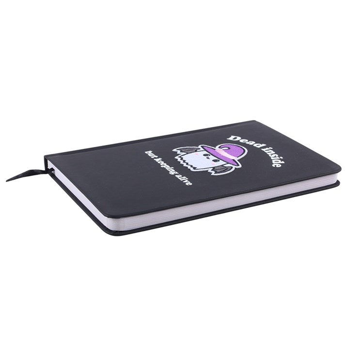 Black notebook with a white logo and text on a white background