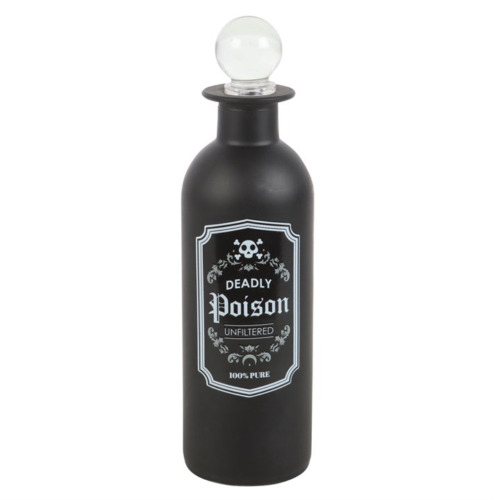Black bottle labeled 'Deadly Poison' with a skull and crossbones symbol on a white background