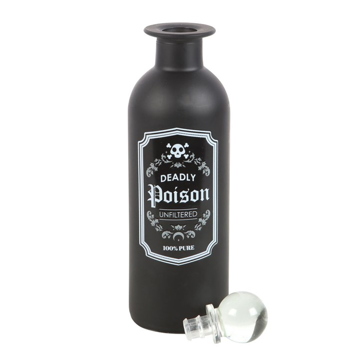 Black bottle labeled 'Deadly Poison' on a white background