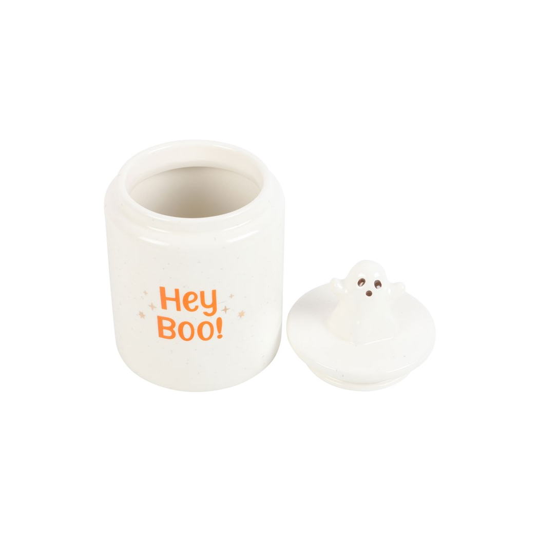 White ceramic container with 'Hey Boo!' text and a small white ghost-like figure on a white background