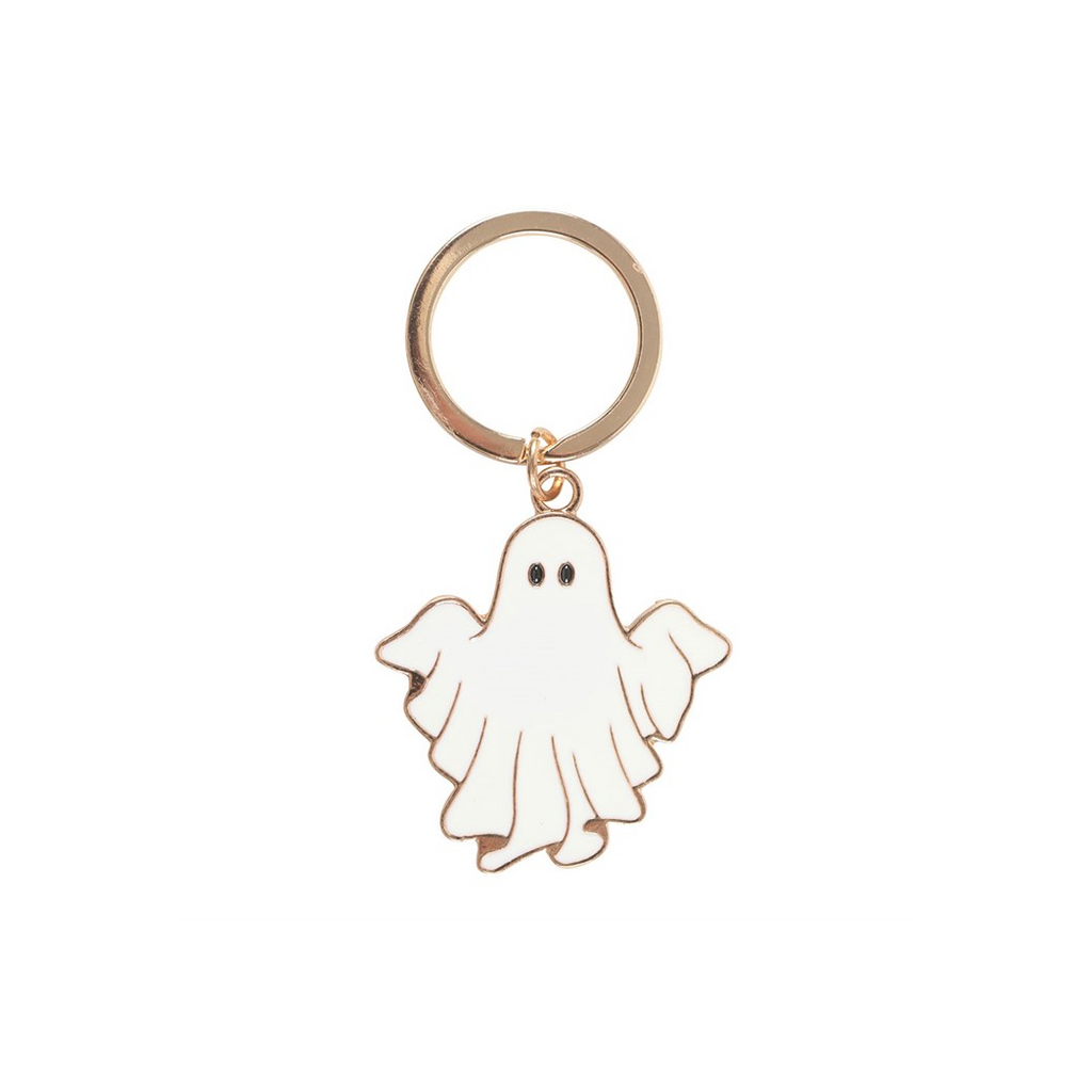 Ghost keychain with gold ring on a white background