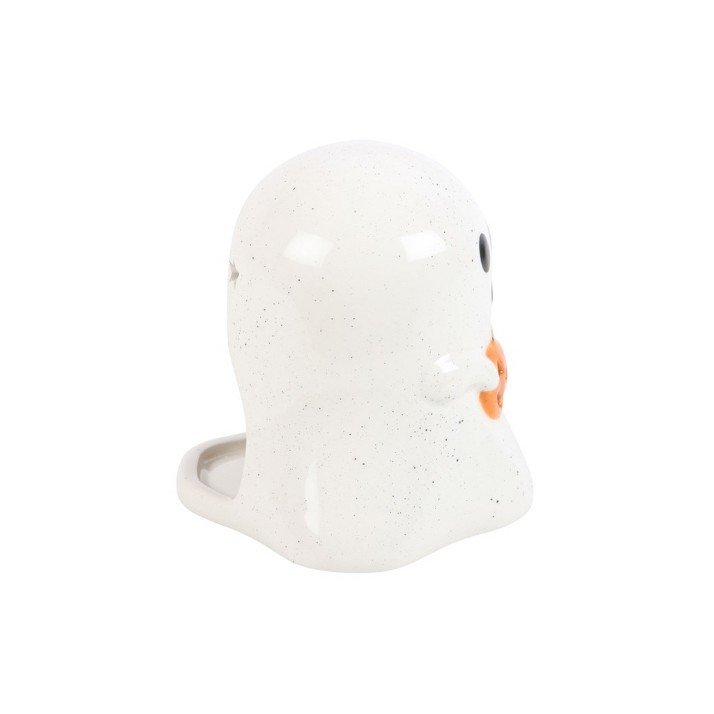 White speckled baseball cap with a small orange logo on a white background