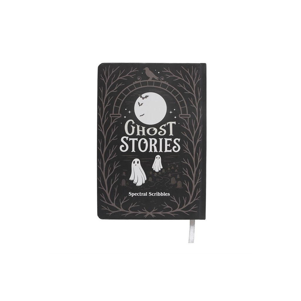 Black notebook with 'Ghost Stories' design on a white background