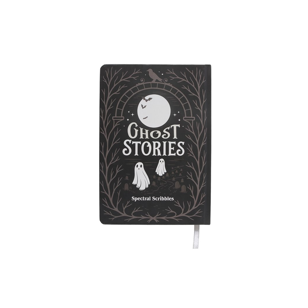 Black notebook with 'Ghost Stories' design on a white background