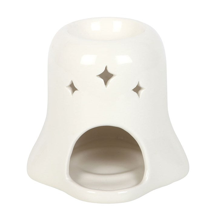 White ceramic bell-shaped object with star cutouts on a white background