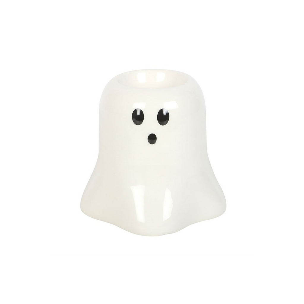 White ghost-shaped object with black eyes and mouth on a white background