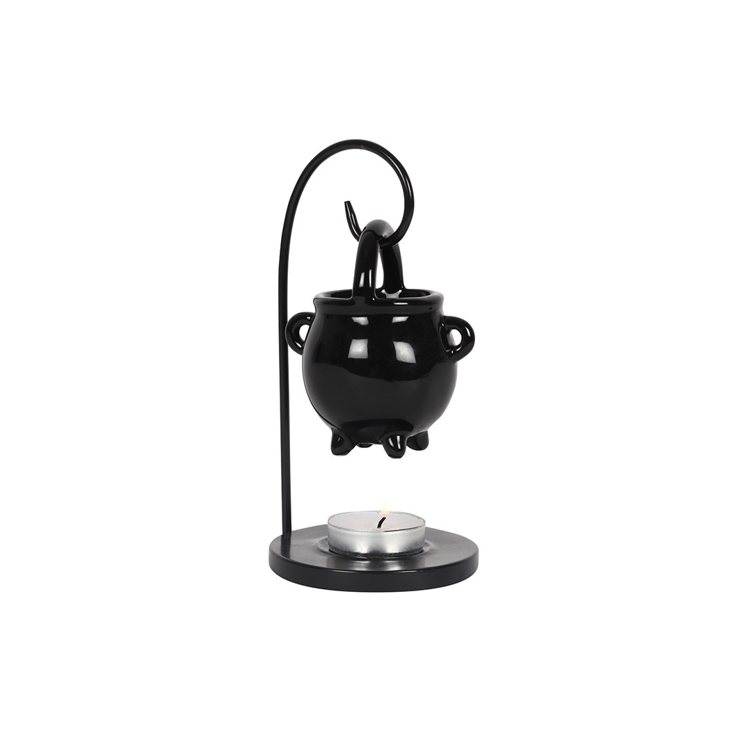 A black cauldron-shaped candle holder with a curved metal stand and a small tealight candle on a round base, shown against a plain white background.