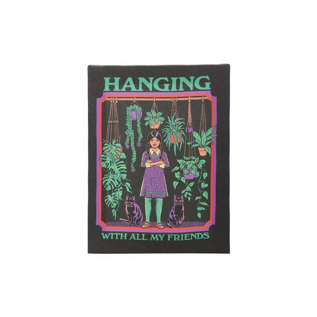Illustration of a person with plants and text 'Hanging with all my friends' on a black background