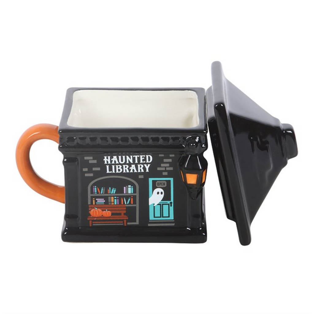 Mug with 'Haunted Library' design on a white background