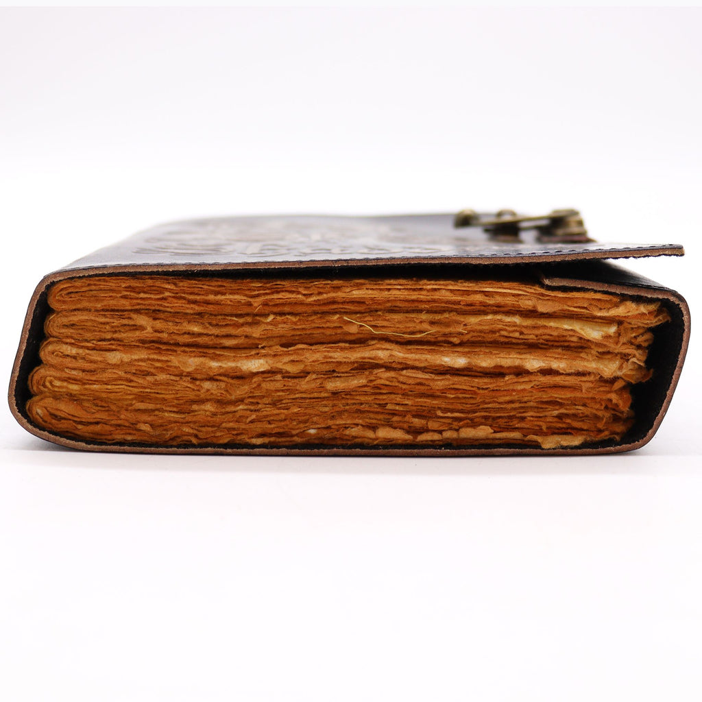 Close-up of a leather-bound book with visible stitching on a white background