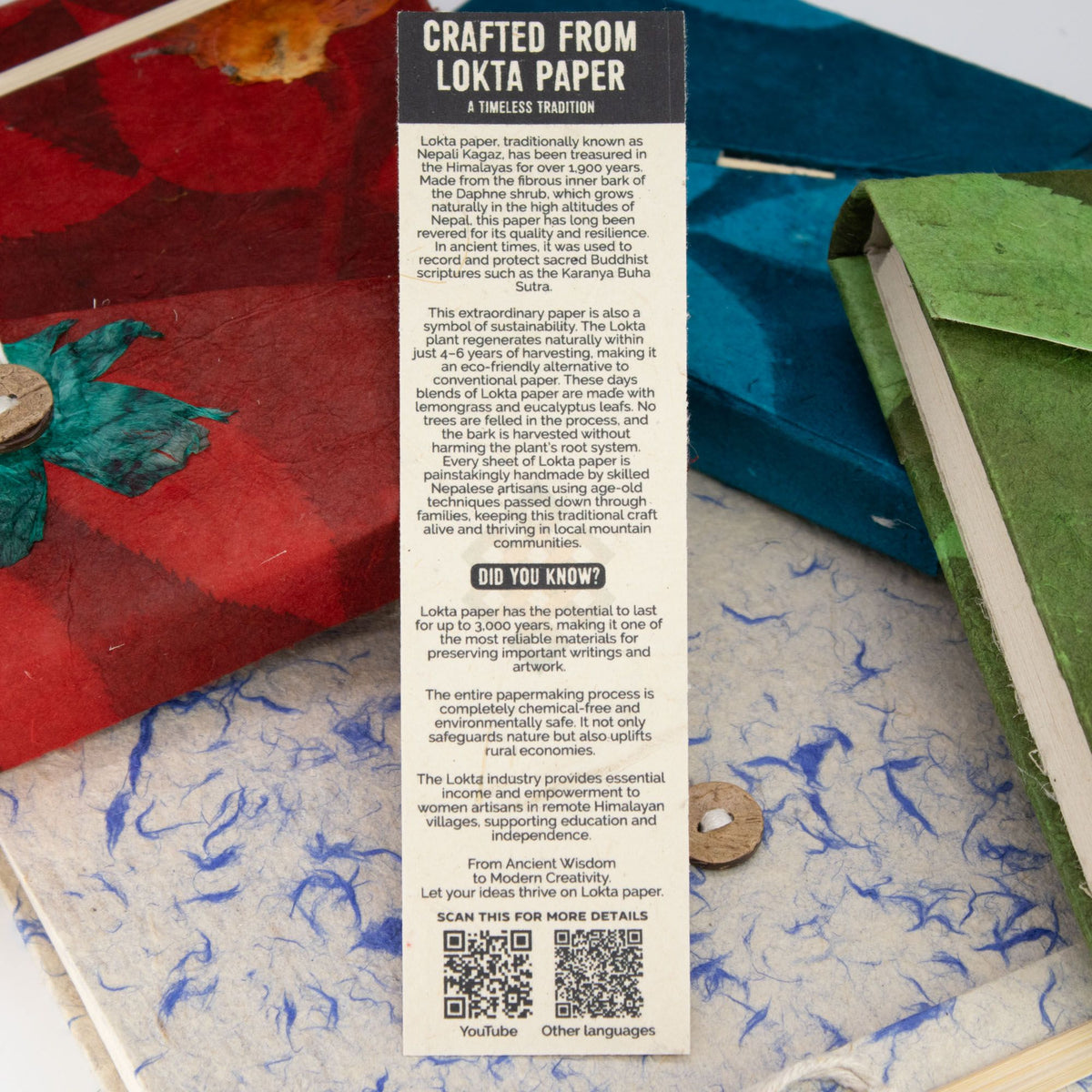 Informational card about Lokta paper with colorful paper products in the background