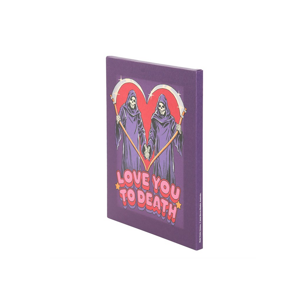 Purple notebook with a design of two skeletons holding a heart and the text 'Love You to Death' on a white background.