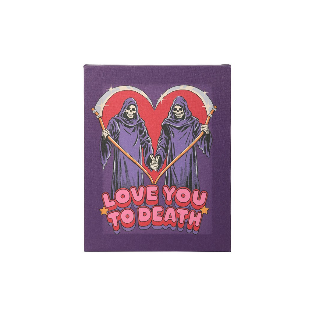 Product with two skeletons in hooded cloaks holding hands behind a heart, with 'Love You to Death' text on a purple background.