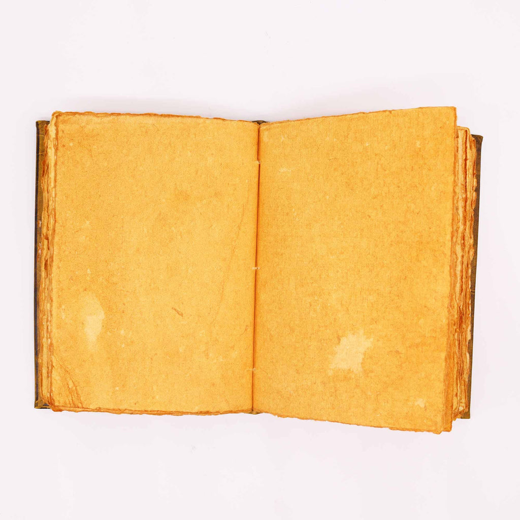 Open book with yellowed pages on a white background