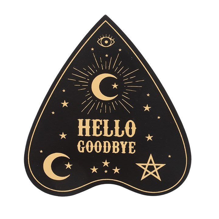 Black and gold decorative plaque with celestial designs and 'Hello Goodbye' text on a white background