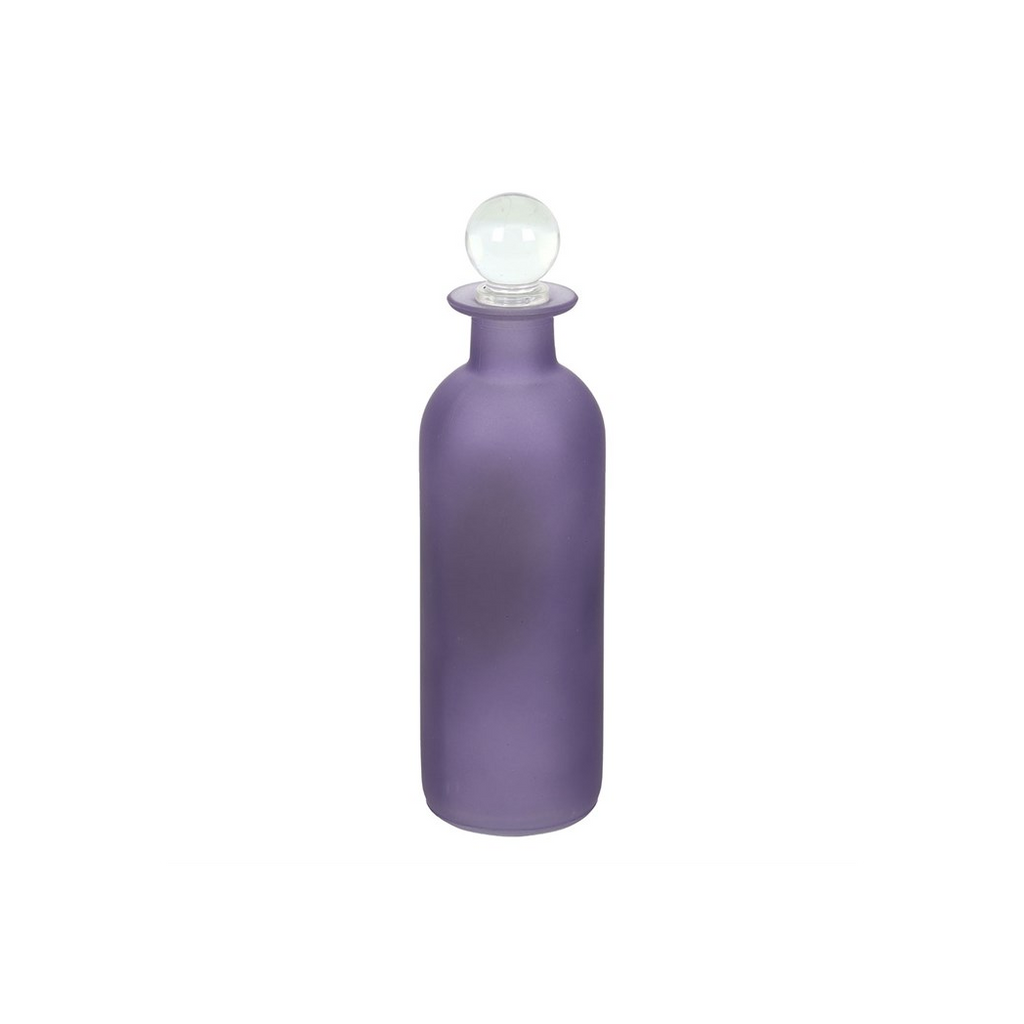 Purple glass bottle with a white light bulb on a white background