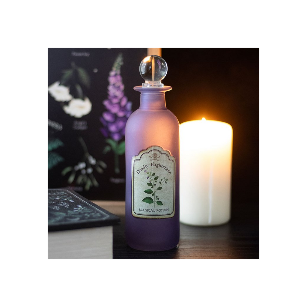 Purple potion bottle labeled 'Magical Potion' next to a lit candle on a dark background